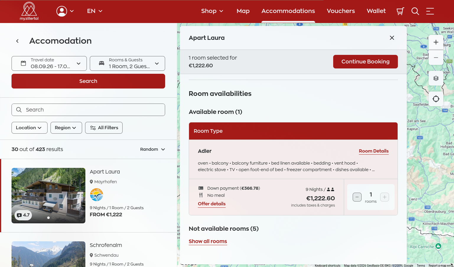 myZillertal room booking and payment flow
