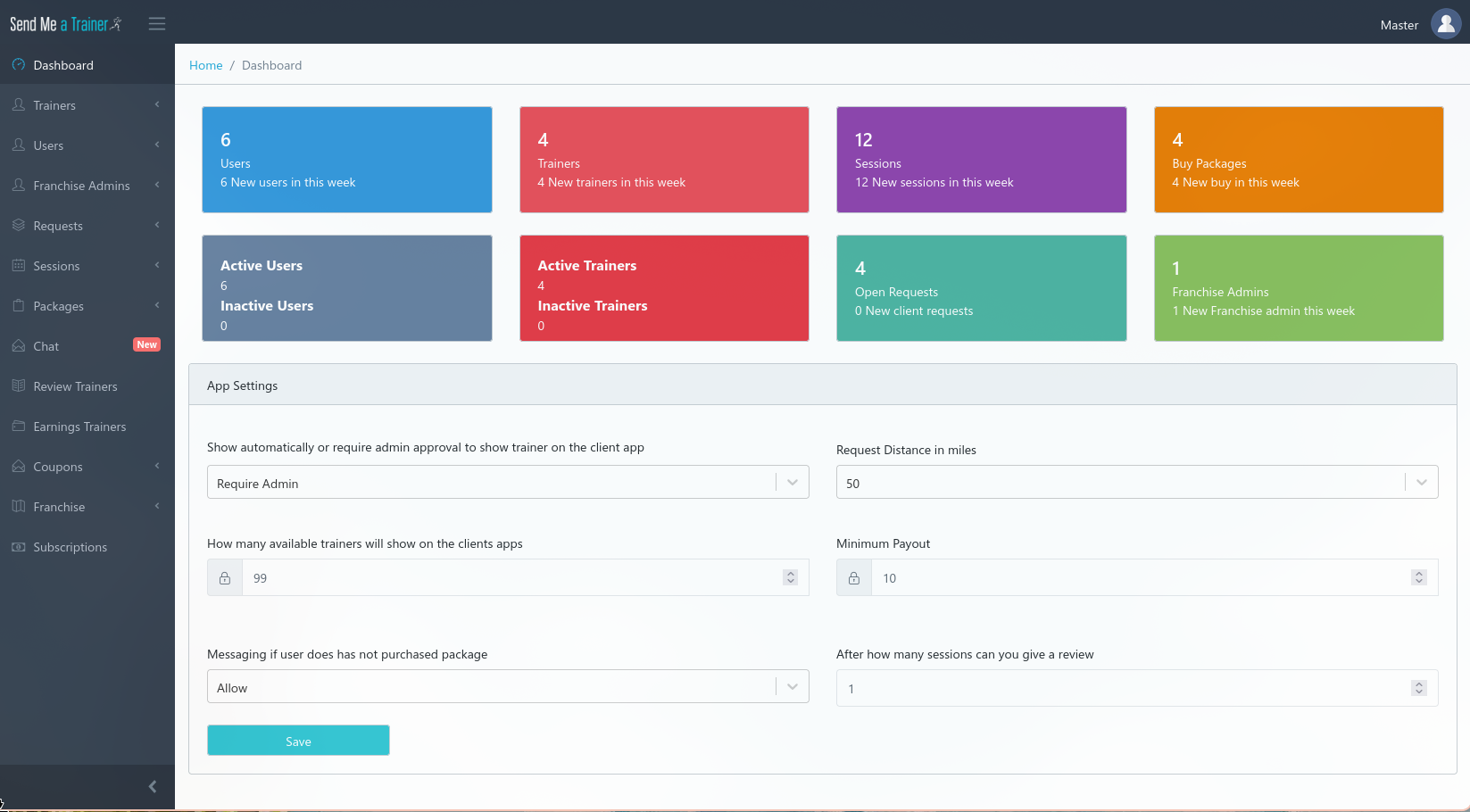 Send Me a Trainer admin dashboard